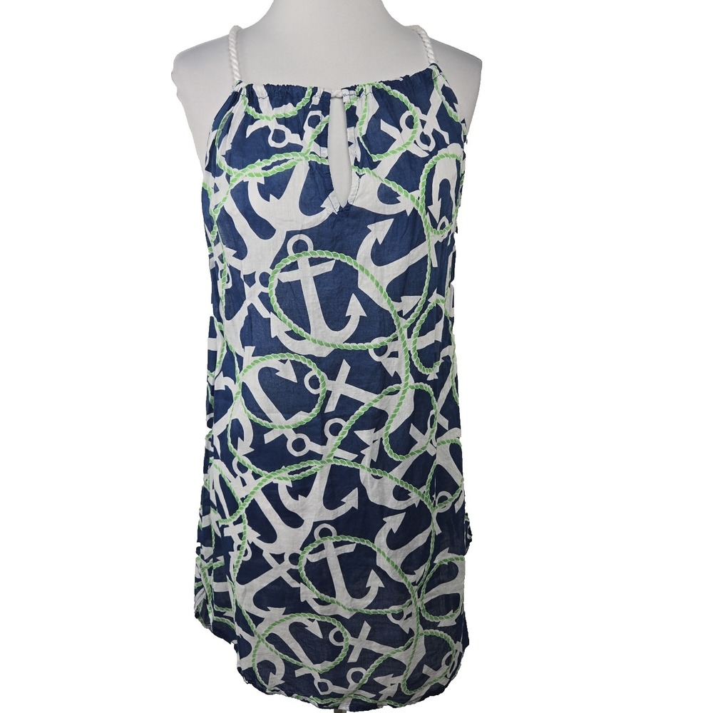 Mud Pie Blue & White Nautical Anchor Print Cotton Swim Cover Dress Resort Large
